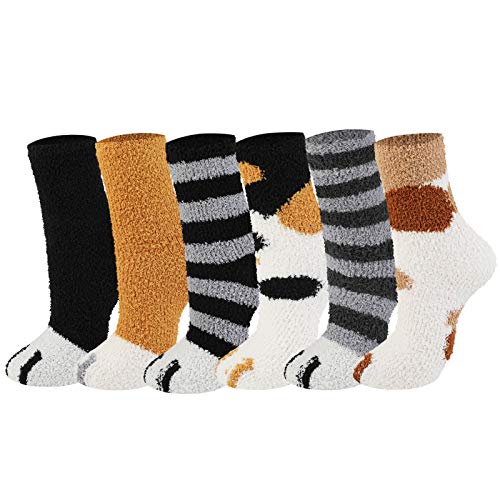 Joyibay Meias de inverno, meias com garras de gato, meias de felpa, meias de chão, sapatilhas de lã quentes, casuais, para o inverno, 6 pares