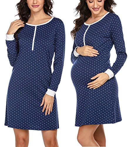 Meaneor_Fashion_Origin Nachthemd Damen Langarm Sleepshirt Knielang umstandmode für Krankenhaus Kurz Nachtwäsche Blau