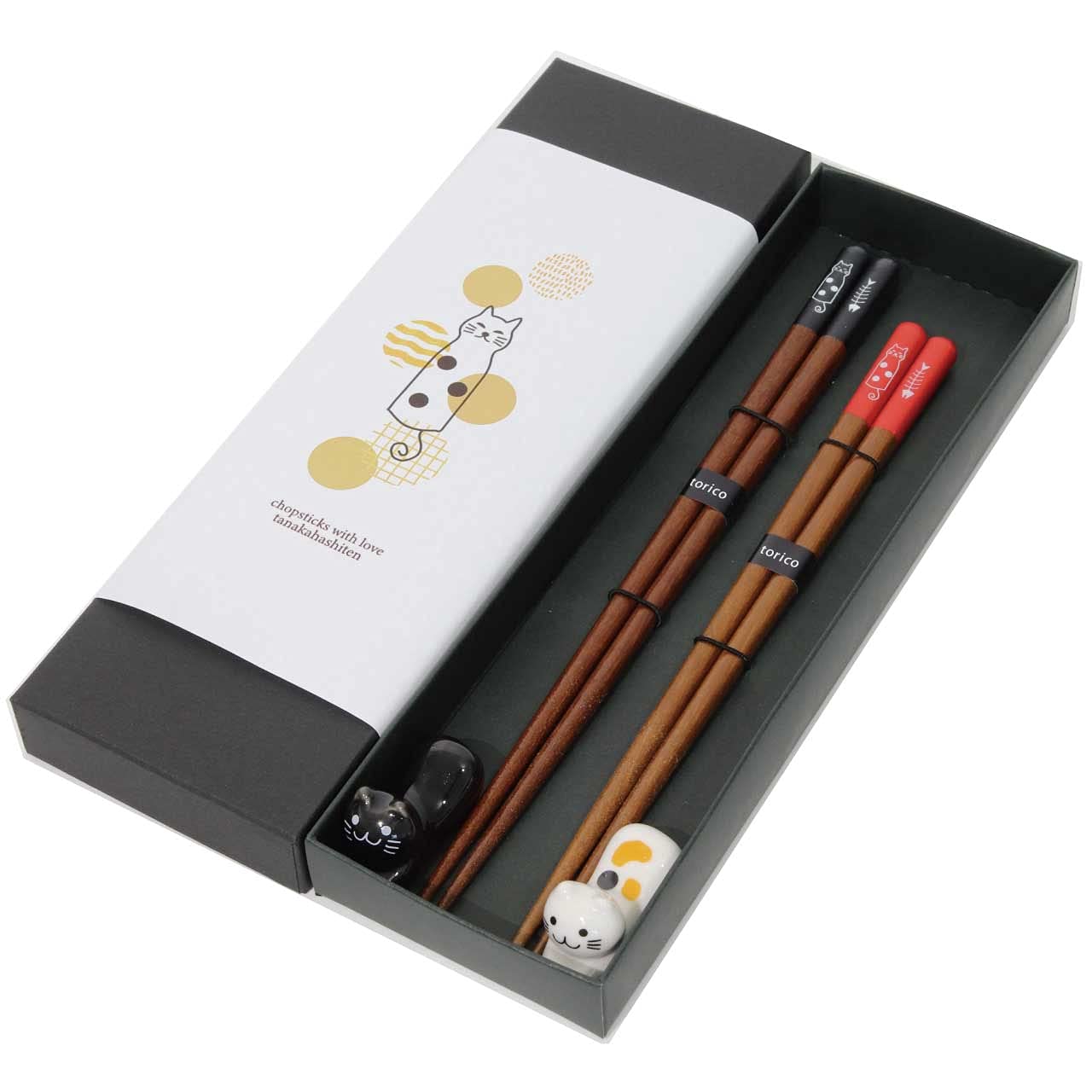 Amazon | 田中箸店 食洗機対応 おとぼけ猫 黒貼箱2膳セット 箸置き付
