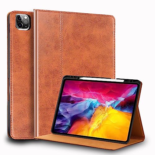 Gexmil for iPad Pro 11 Inch Case 2022/2021/2020/2018(4th/3rd/2nd/1st Generation) with Pencil Holder,Auto Wake/Sleep,Genuine Leather Case with Stand,Oil Wax Brown