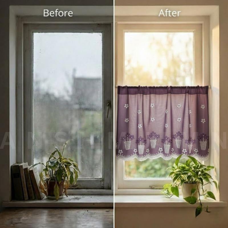 Image of Short Window Curtain for Kitchen, Living Room, Cafe, Restaurant & Home Decor | Elegant Half Window Valance | Length - 24 Inch, Width - 42 Inch (Wine Flowerpot, Small)