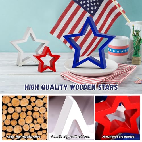 Image of 6 PCS Patriotic Wooden Star Sign Table Decor 4th of July Centerpiece Star Tiered Tray Decoration for Independence Day Memorial Day (Red,Blue and White)