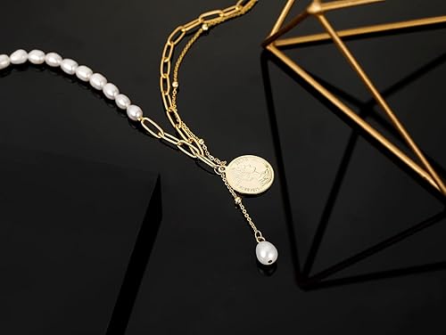 Miniatura 6 de LYLYMIMI Collar de perlas de agua dulce natural para mujer collares con iniciales en capas para mujer chapado en oro de 14 quilates collar de cadena
