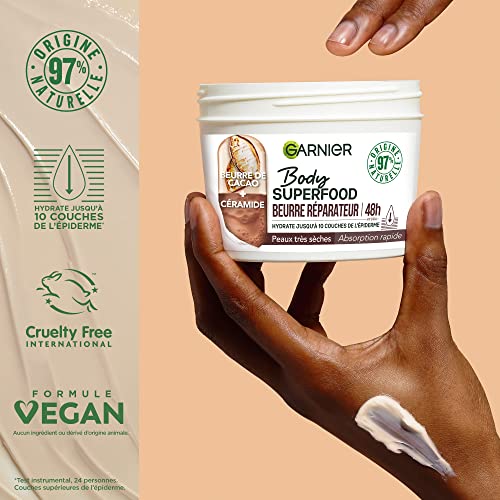 Garnier - Body Superfood - Crème Soin Corps Réparatrice - Hydratation 48H - Formule Vegan & à 97% d'Origine Naturelle - Au Beurre de Cacao & Céramide - Pour Peaux Sèches - 380 ml (Lot de 3)
