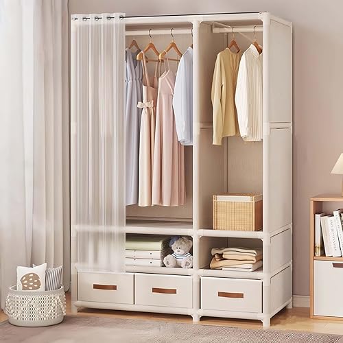 ワードローブ カバー付き ハンガーラック 引き出し付き 簡易ポータブル組立クローゼット 防湿・防塵・防カビ 日本語説明書付き 簡単組み立て式 大容量 収納クローゼット 洋服収納 高耐荷重 (2列-幅109*奥45*高166.5cm)