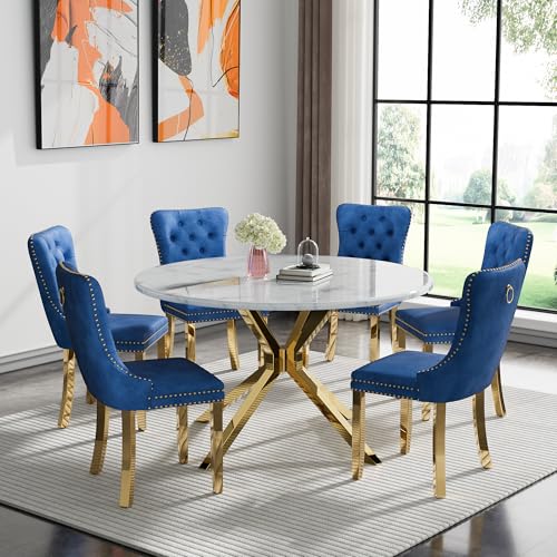 Image of 7-Piece Round Dining Table Set for 6, Luxury Faux Marble Kitchen Table Set for 6 with Blue Velvet Chairs, 45 inch Circle Dining Room Tables with White Marble Top and Gold Stainless Steel Cross Legs