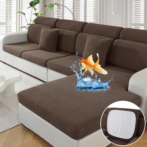 MAXIJIN Waterproof 3 Pieces Couch Cushion Covers for Sectional Sofa Seat Slipcover Stretch Sectional Couch Cover for L Shape Left/Right Chaise with Elastic Bottom (2 Seater + 1 Chaise, Light Coffee)
