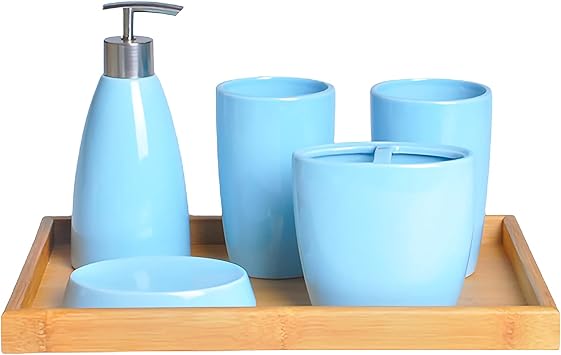 Bathroom Accessories Set Luxury Bath Accessories Bath Set Lotion Bottles, Toothbrush Holder, Tooth Mug, Soap Dish,Blue,B