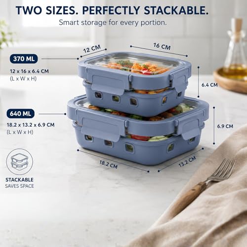 Image of Griplok Glass Lunch Box with Leakproof Lid, Borosilicate Food Storage Container with Silicone Sleeve, Airtight, Microwave /Dishwasher Safe (Glacier Blue, 2x370ml + 1x640ml)