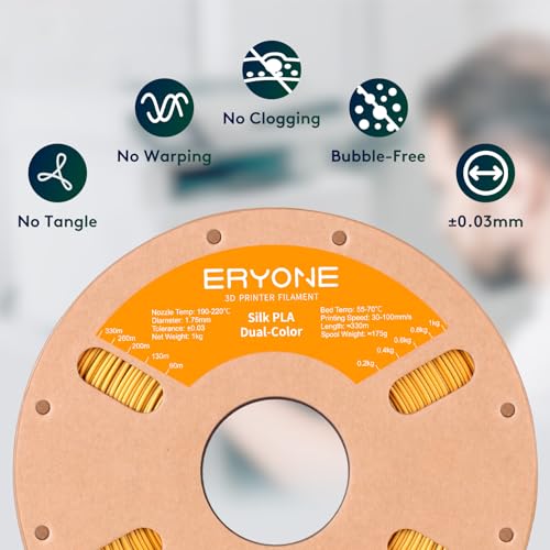 Image of ERYONE Silk Dual Color PLA Filament 3D Printer 1.75mm + /- 0.03mm, Bicolor Filament Two Tone PLA 1KG(2.2lbs) Cardboard Spool, Gold Silver