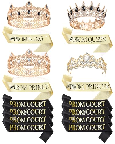 Retrowavy 16 Pieces Prom King and Queen Crowns Set with Sashes Sparkling Crystal Tiara Sash for Prince Princess Court Birthday Wedding Party Favor Costume Accessories Dress up