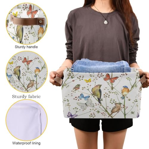 Image of Watercolor Bird Butterfly Storage Basket Bin for Shelves Closet Vintage Foldable Fabric Storage Box Cube with Handles Kids Gifts Toys Cloth Shelf Basket Organizer for Bedroom Nursery Home Decor