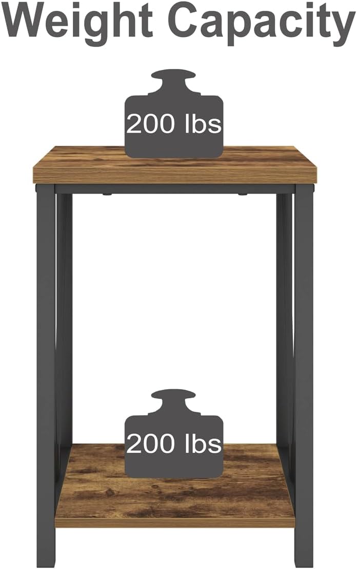 EXCEFUR End Table, Square Side Tables for Living Room, Industrial Metal and Wood Nightstand for Bedroom, Rustic Brown