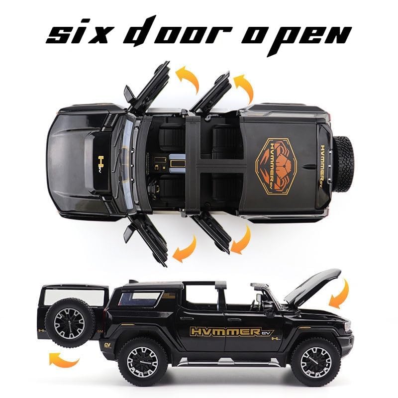 Image of 1:24 Big Hummer EV Off-Road Toy Car Metal Pull Back Diecast Car with Openable Door and Sound Light, Gifts Toys for Kids【 Black 】