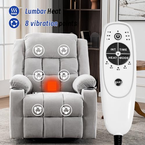 Image of Power Swivel Rocker Recliner Chair with Massage and Heat for Adults,Electric Glider Reclining Single Sofa Chair for Living Room,USB & Type-C Charging Ports, Infinite Position,Grey