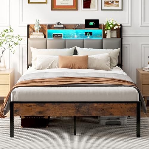 ODK Lit Capitonné Double 140x200 cm avec Tête de Lit Rangement, Éclairage LED et Station de...