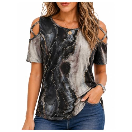 Image of Jar of Love Women's Summer Tops Short Sleeve Cold Shoulder Tops T-Shirts for Women Spring Summer Tops Loose Fit Tunic 2026