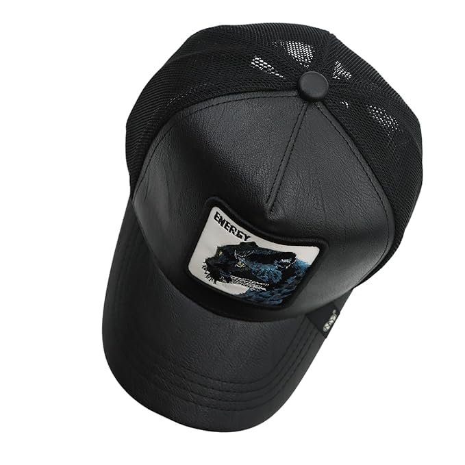 Image of kill off Leather Baseball Cap Panther Patch Cap Trucker for Men Snapback Mesh Animal Patch Hat Men's Black Djustable Baseball Hat Streetwear Fashion Hat