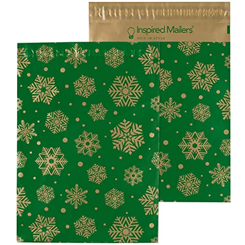 Image of Inspired Mailers - Poly Mailers 14.5x19-50 Pack - Gold Snowflakes Deluxe (Green) - Holiday Shipping Envelopes - Large Mailing Bags - Packing Bags for Shipping