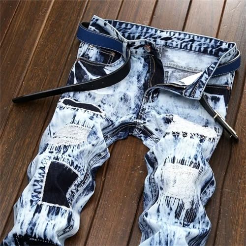 Men's Skinny Patchwork Ripped Jeans (Without Belt) Slim Fashion High Street Motorcycle Denim Pants3