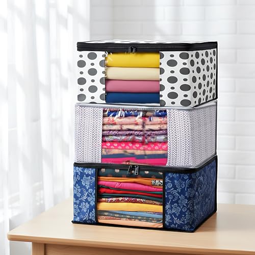 Image of Non-Woven Printed Saree Cover Set of 3 | Foldable Wardrobe Organizer with Transparent Window & Zipper