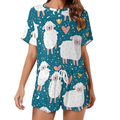 Pyjama court femme mouton mignon en coton pour nuits d'été