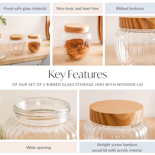 Image of Nestasia Glass Containers for Kitchen Storage Set of 2-2200ml, Airtight Transparent Glass Jar 2+ litre with Wooden Lid for Kitchen Pantry, Spice, Masala, Pickles, Pulses, Dry Fruits, Snacks Storage