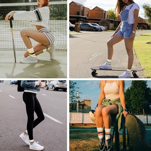Crew Striped Socks for Women: Classic Retro Novelty Mid Calf Tube Cotton Socks with Cushioned Size 5-10 6