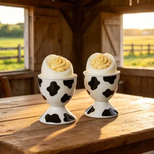 Image of Cinf Ceramic Egg Cups, Set of 2, Cow Print Boiled Egg Holders for Breakfast