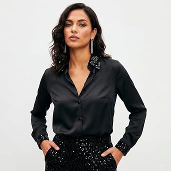 Payet Detayl  Saten G mlek - Uzun Kollu Siyah G mlek - Regular Fit  k G mlek