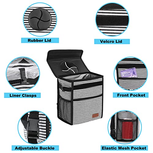 Image of Femuar Car Trash Can with Lid - Leak Proof, Waterproof, Multipurpose Car Hanging for Headrest, Collapsible, Portable with Storage Mesh Pocket, Stripe
