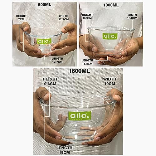 Allo Food Safe Borosilicate Glass Mixing & Serving Bowls for Kitchen, Oven & Microwave Safe Bowls, Dishwasher and Freezer Safe Bowls, Set of 3 500ML, 1000ML, 1600ML, Transparent - Image 2