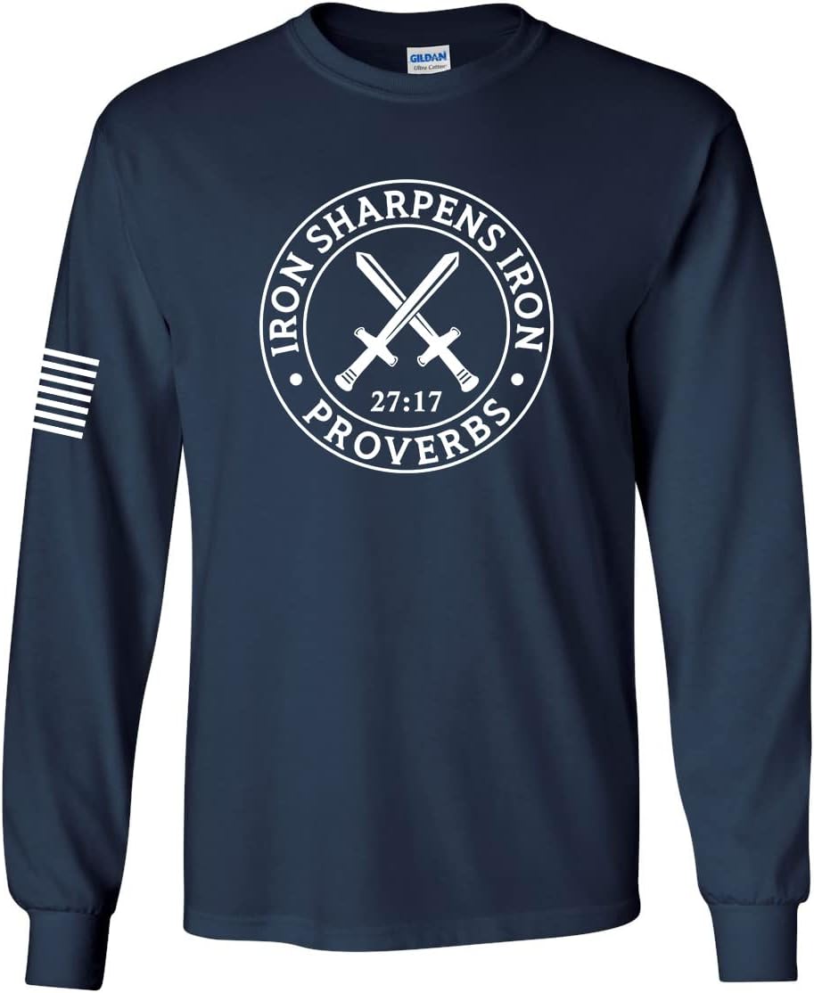 Iron Sharpens Iron Proverbs 27:17 Mens Christian American Flag Sleeve T-Shirt Graphic Tee