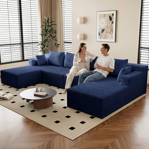 Image of 142 inch U-Shape Cloud Couch, Modern Modular Sectional U-Shape Sofa, Corduroy Boneless Couch Upholstered Couches Deep Seat Sleeper Chaise Longue for Living Room, No Assembly Required,Blue