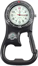 Relógio masculino feminino com clipe de mosquetão e bússola para aventuras ao ar livre com bolso luminoso, Preto