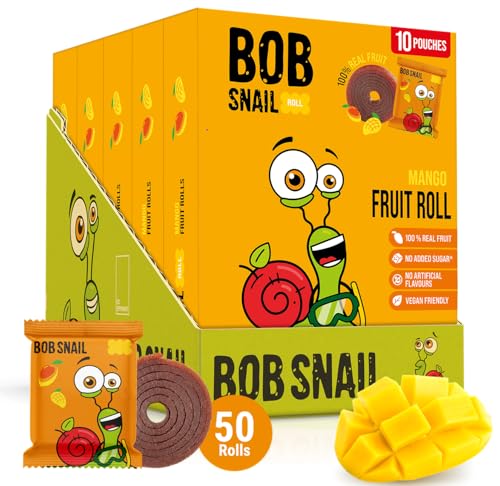 Bob Snail Fruit Roll Ups – Healthy Sweets Snacks, Real Dried Fruits, No Added Sugar, Vegan, Nut Free, Candy for Adults, Kids, with Apple-Blueberry – Bulk 50 pcs Rolls, 500g (Mango)