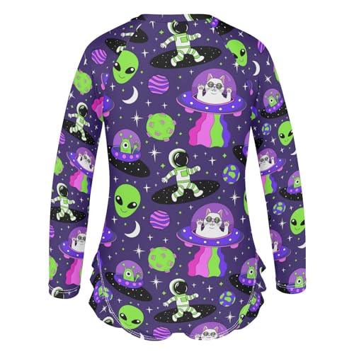 Wusikd Girls Long Sleeve Swimsuit Astronauts Alien One Piece Bathing Suit Zipper Space Cartoon Swimwear Sun Protection 7-8T3