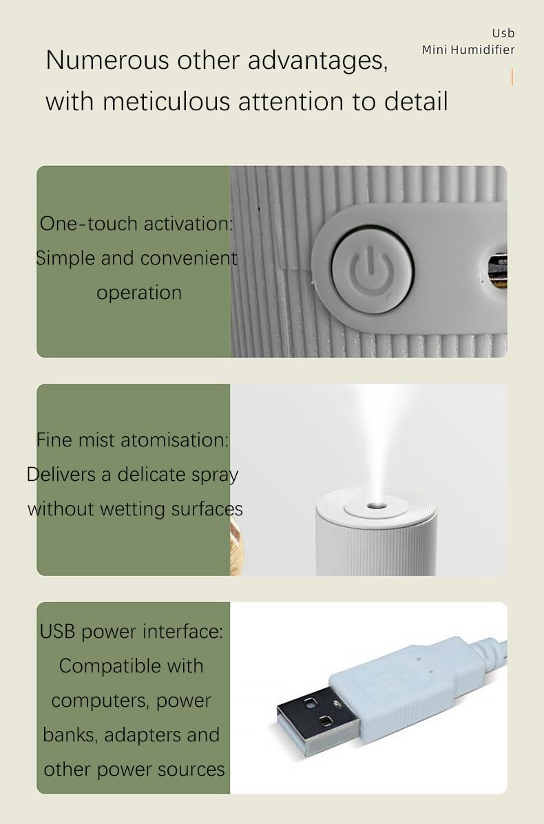 Mini umidificatore portatile USB per auto, ad ultrasuoni, funzionamento a bassa rumorosità, capacità circa 300 ml, adatto per viaggi/pendolarismo/ufficio/desktop (bianco)