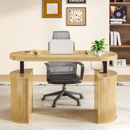 Image of Mid Century Modern Electric Standing Desk with Storage, 55 x 22 Inch Small Sit Stand Up Desk, Wood Adjustable Height Computer Executive Desk for Home Office, Laptop, Oak