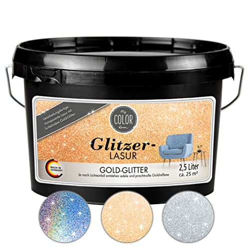 My COLOR Room Barniz con purpurina (2500 ml, dorado) transparente con purpurina para decoración de paredes con efecto de purpurina para interiores, barniz decorativo fabricado en Alemania