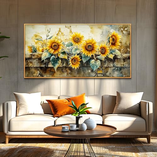 ERQINHUA Large Canvas Wall Decor For Living Room Dining Room Mural Vintage Yellow Sunflower Painting Print Artwork For Farmhouse Kitchen Bedroom Corridor Home Decor Aesthetics Wood Frame 30x60 In