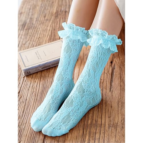 Image of Women Lace Ruffle Socks White Black Frilly Lolita Crew Dress Socks