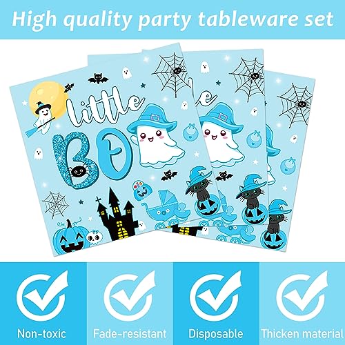Image of 96PCS Halloween Little Boo Baby Shower Plates and Napkins for Boo baby shower Decorations Disposable Blue and Black Dinnerware Plates Napkins Forks for Halloween Party Favors