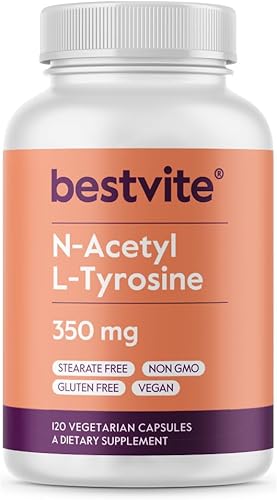 BESTVITE N-acetil L-tirosina 350mg (NALT) (120 cápsulas) - Sin estearatos - Sin OMG - Sin gluten