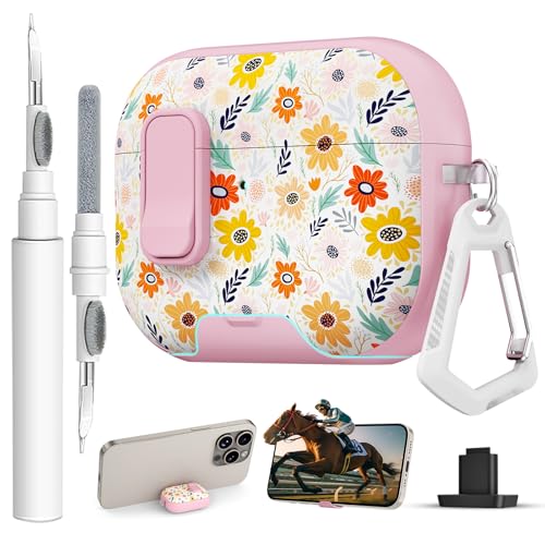 Image of for AirPods Pro 3 Case with Lock & Phone Stand,Cute Floral Pattern Style | PC & TPU Dual Layer Protective Cover with Keychain & Cleaner Pen for Apple AirPod Pro 3rd Generation Women(Bin Chrysanthemum)