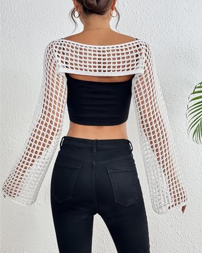 Image of Womens Crochet Crop Tops Y2k Knit Shrug Sweater Hollow Out Long Sleeve Bikini See Through Cover Ups
