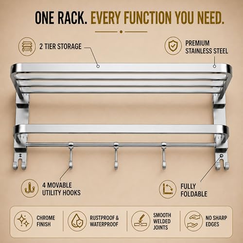 Image of Towel Rack for Bathroom 24 Inch Stainless Steel | Dual Folding Towel Holder Wall Mounted | Foldable Towel Stand, Towel Hanger, Bathroom Accessories for Home & Kitchen