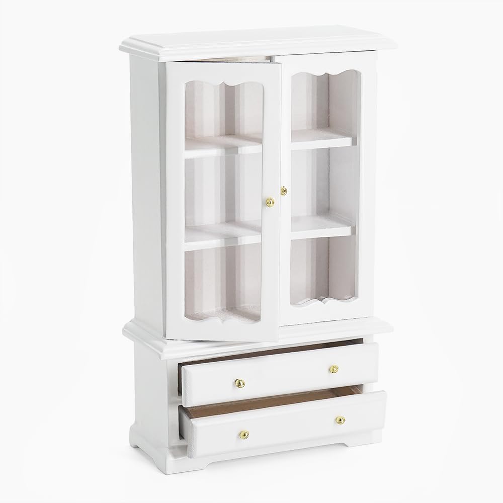 Odoria Dollhouse Cabinet Miniature Bookcase: 1/12 Scale Display Bookshelf for Living Room Vintage - Mini Storage Curio China Cupboard Pantry - Tiny Kitchen Furniture Wood White Organizer with Drawer