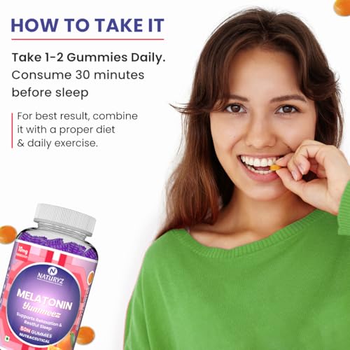 Image of NATURYZ Yummeez Melatonin 10mg Gummies for Sleep - Non-Addictive | No Added Sugar | Valerian Root, Chamomile | Enhance Sleep Quality for Restful Nights, Wake Up Fresh & Energetic - 50 gummies(Orange Flavour)