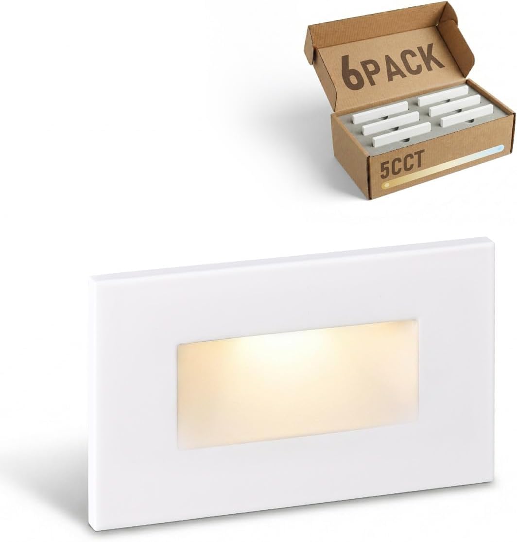 LEONLITE 6-Pack 5CCT 120V LED Step Lights, Horizontal, White | 150LM, 5%-100% Dimmable, CRI90, ETL, Indoor Outdoor Stair Lights, Wet Location, 2700K/3000K/3500K/4000K/5000K, Aluminum